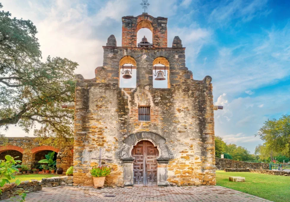 Stock photograph of Mission Espada in San Antonio Texas USA. It is part of the San Antonio Missions UNESCO World Heritage Site. Mission San Jose was founded in the early 18th  century as a Spanish Roman Catholic colonial mission.