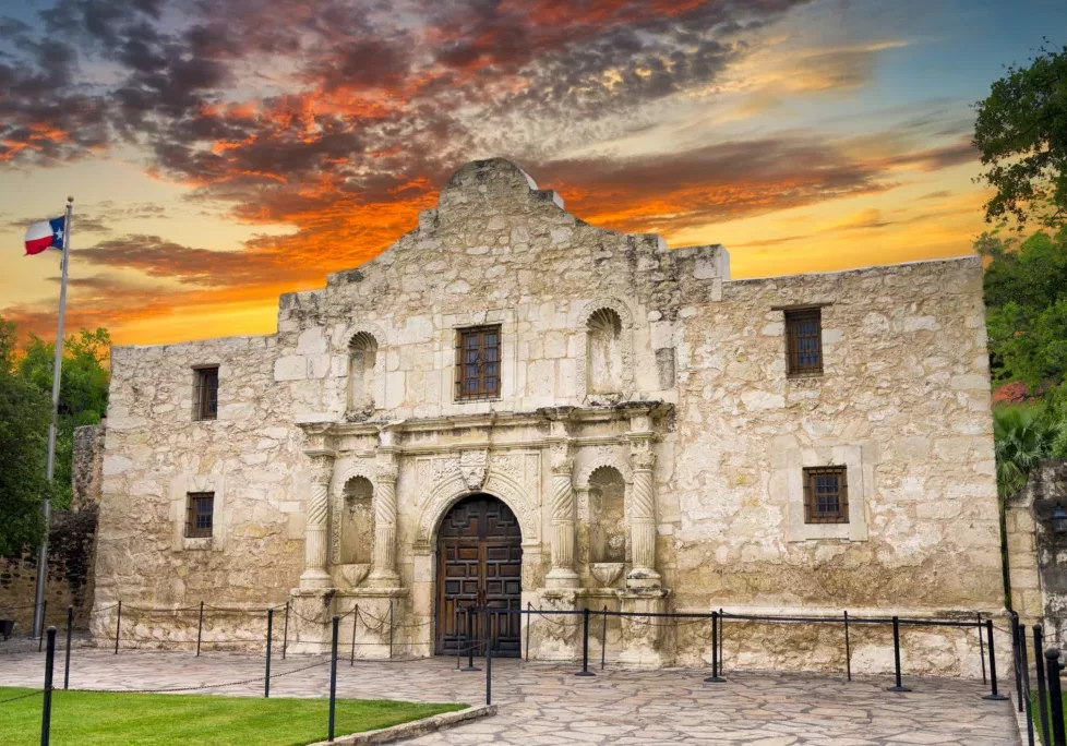 Exterior view of the historic Alamo shortly after sunrise
